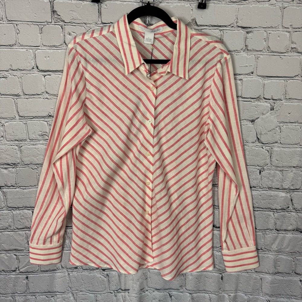 Marshall Field’s Vintage 100% Linen White Red Striped LS Button-Up Shirt Size L